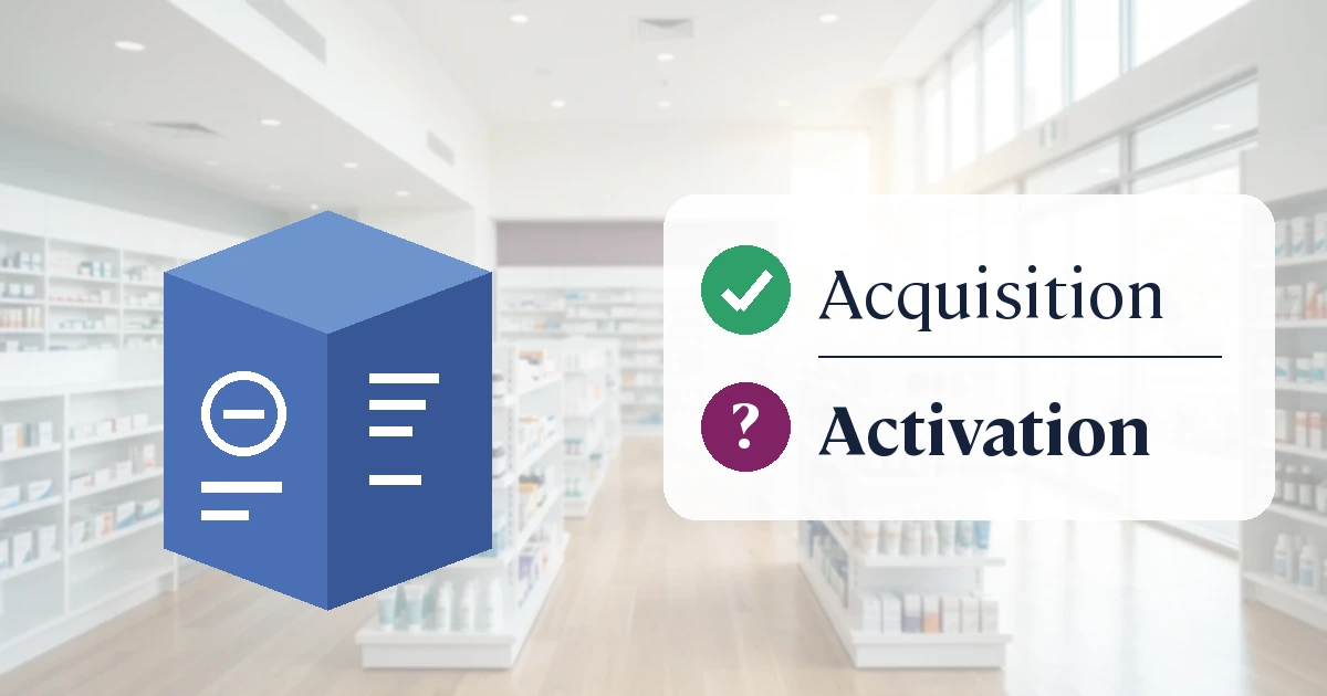 A consumer health device pack in a pharmacy, with acquisition ticked and activation still an open question