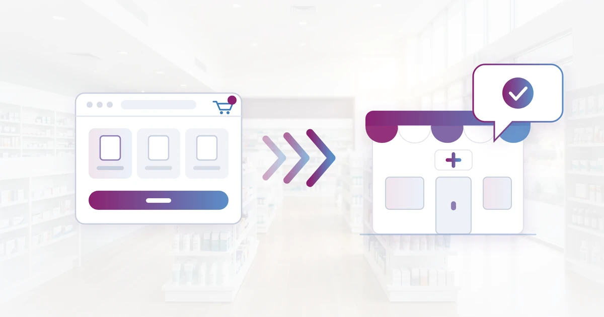 A webshop passing to a pharmacy storefront with a recommendation tick, over a softly faded pharmacy interior