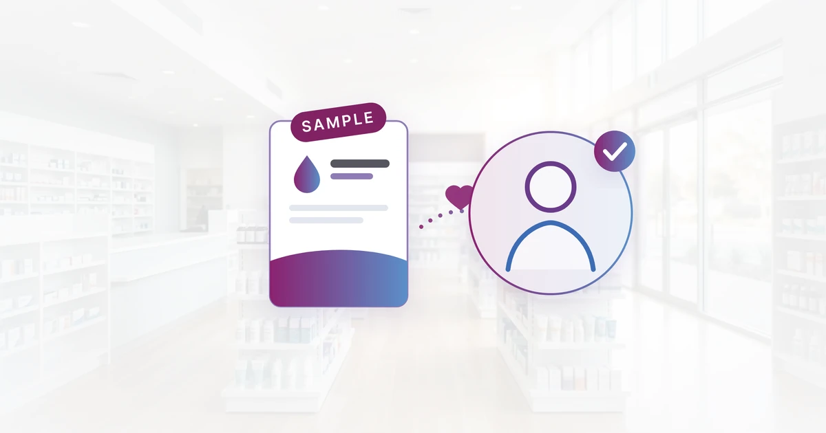 A product pack marked Sample beside a patient icon, over a softly faded pharmacy interior