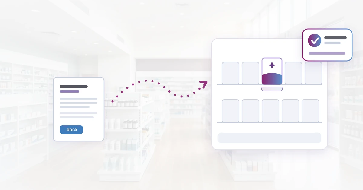 A campaign brief passing from a marketer&rsquo;s desk into the aisles of a pharmacy, over a softly faded pharmacy interior