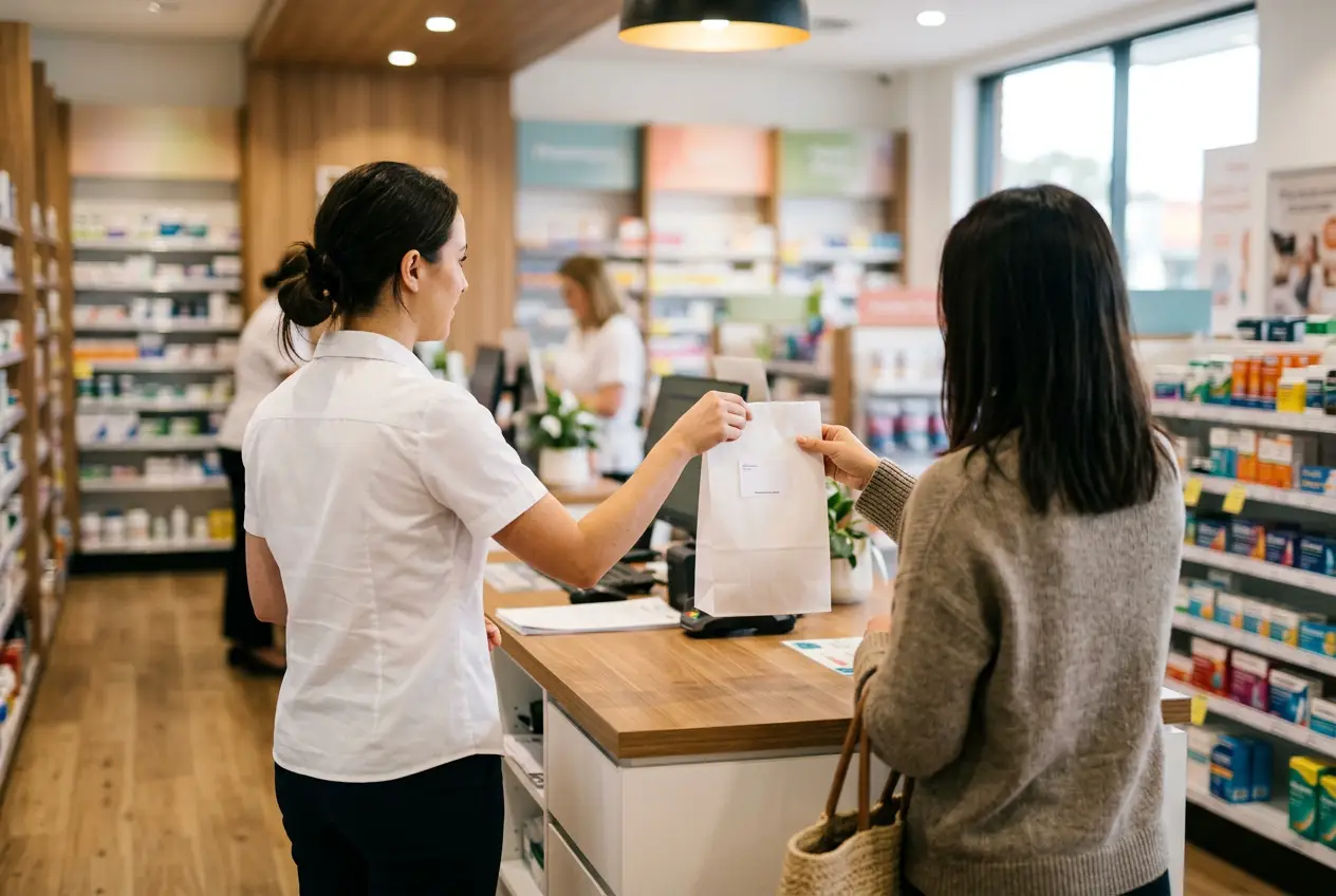 A pharmacist hands a prescription bag to a customer across the counter